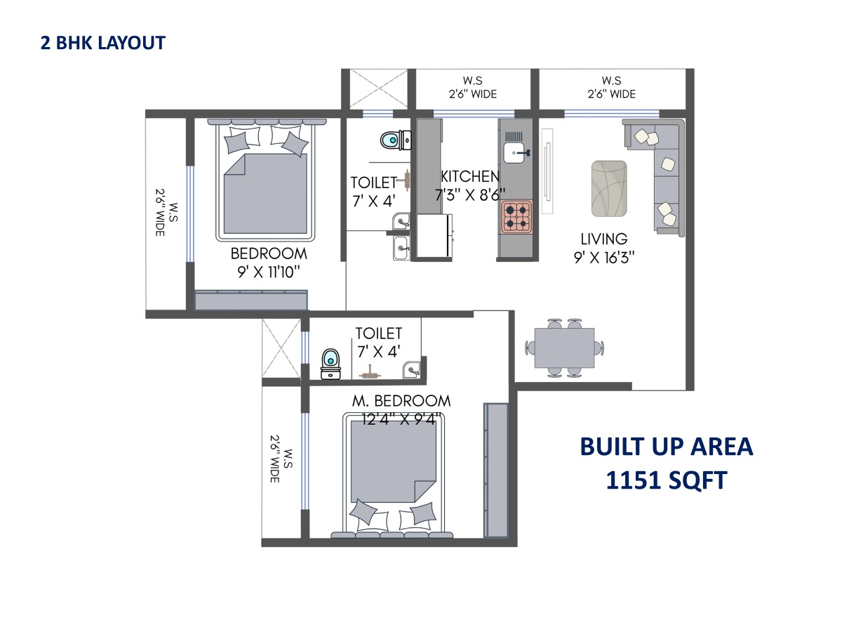 2 BHK Premium Floor Plan – 1151 sqft